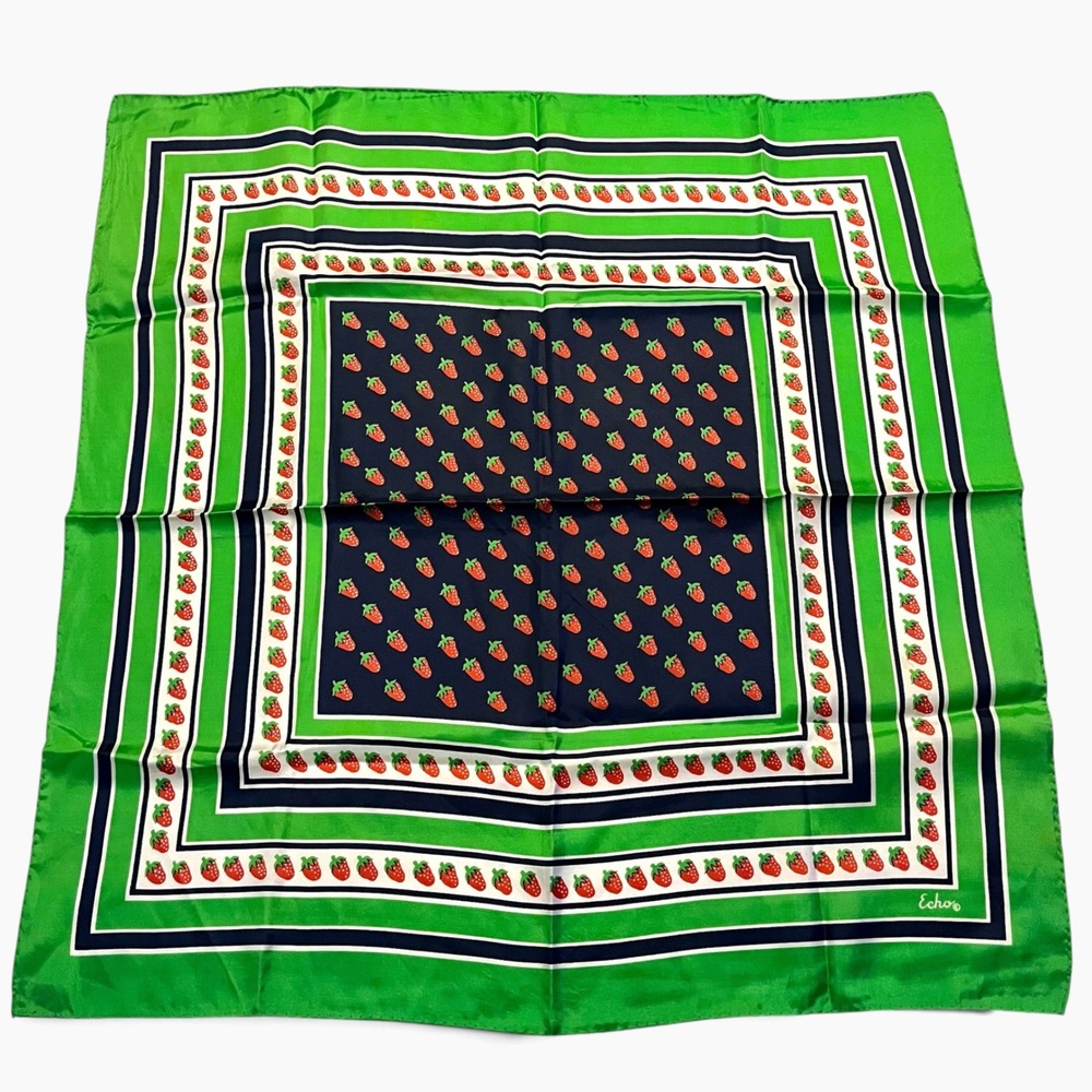 Echo Vintage Strawberry Print Silk Blend Square Scarf Green Navy Blue White
